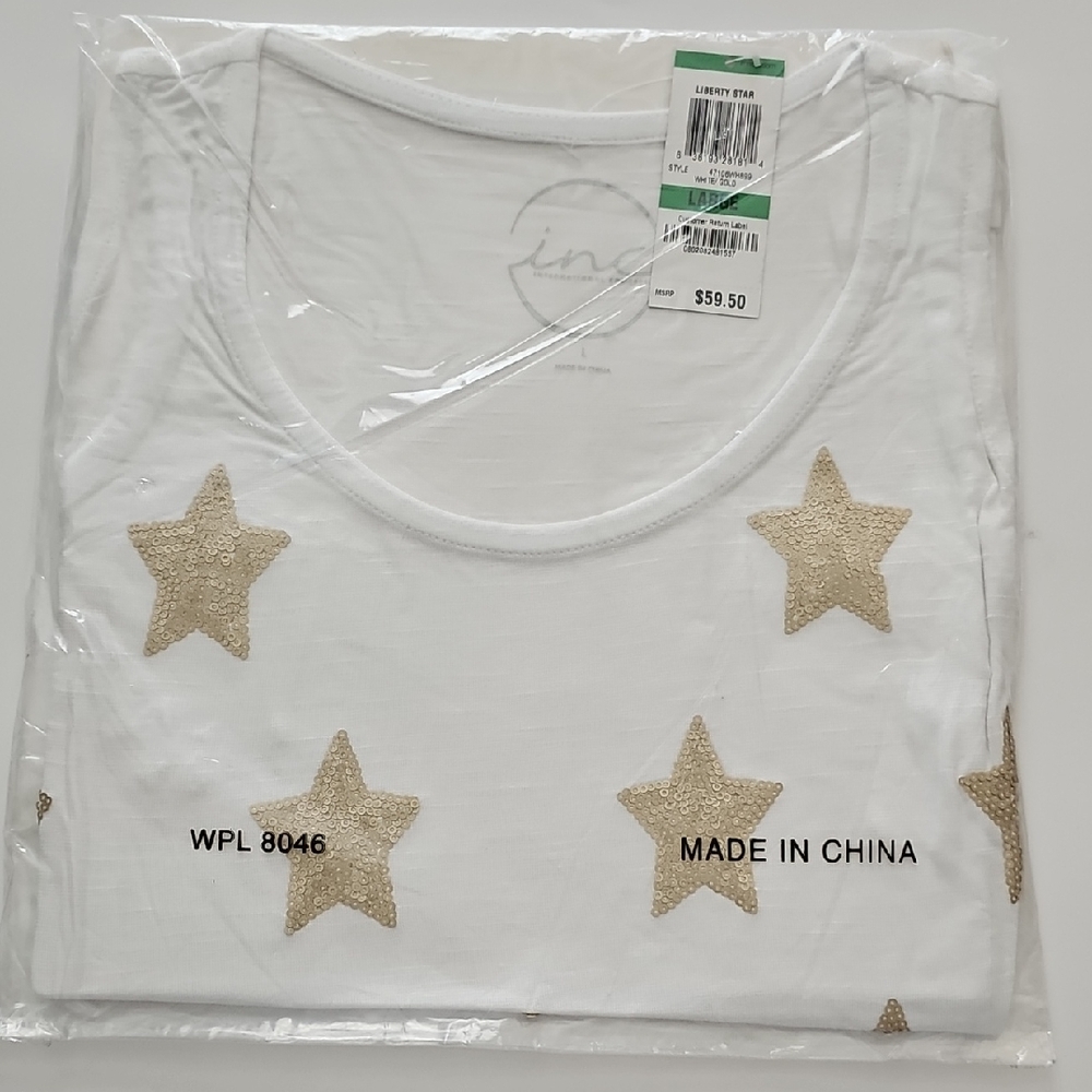 INC International Concepts White Tee with Gold Stars